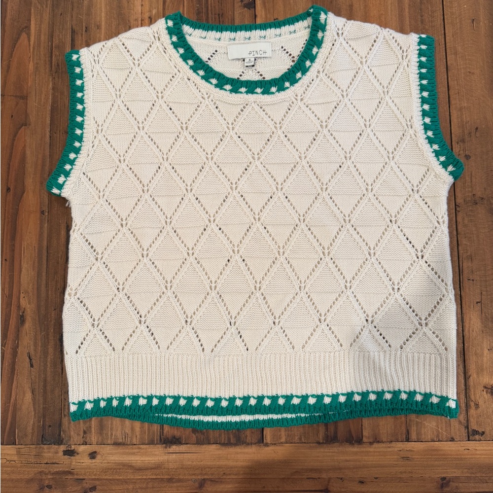 Pinch | Green and White Crotchet Sweater Vest | Size Small